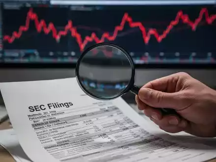 Eine Hand hält eine Lupe über ein SEC-Antragsdokument; im Hintergrund sind rote Aktiencharts zu sehen. - Foto: über boerse-global.de