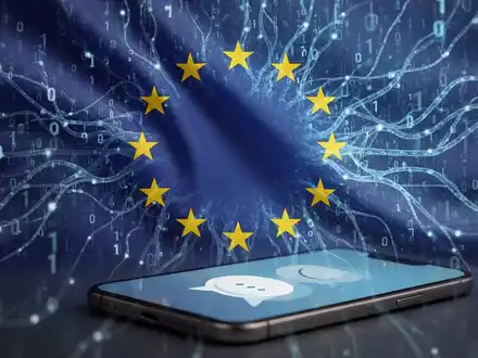 Stylized EU flag with binary code and AI neural network patterns, a smartphone screen with a chat bubble icon, symbolizing digital regulation. - Foto: über boerse-global.de