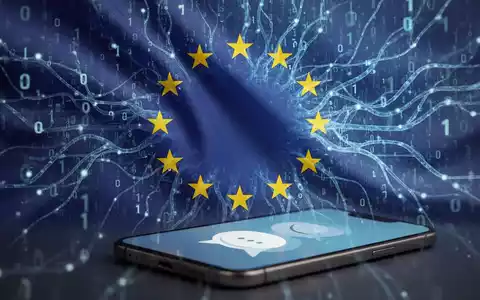 Stylized EU flag with binary code and AI neural network patterns, a smartphone screen with a chat bubble icon, symbolizing digital regulation. - Foto: über boerse-global.de