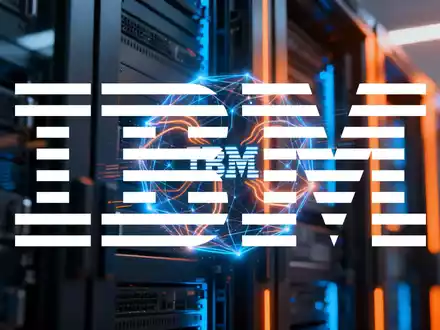 Eine futuristische, leuchtende KI-Schnittstelle, die Watsonx darstellt, vor einem modernen Rechenzentrum mit Server-Racks. - Foto: über boerse-global.de