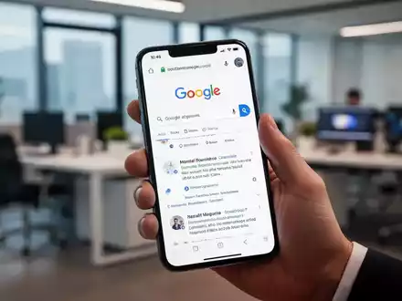 Eine Hand hält ein Smartphone mit Google-Suchergebnissen; im Hintergrund ein unscharfes Büro. - Foto: über boerse-global.de