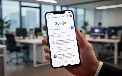 Eine Hand hält ein Smartphone mit Google-Suchergebnissen; im Hintergrund ein unscharfes Büro. - Foto: über boerse-global.de