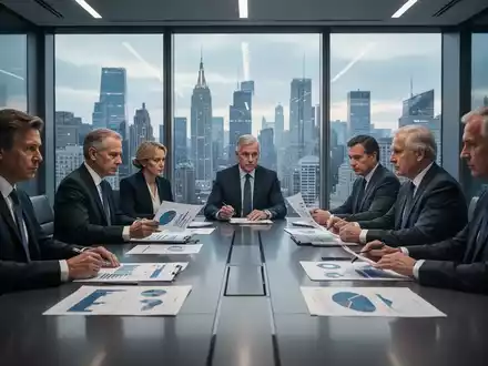 Geschäftsleute in einem modernen Konferenzraum, die Dokumente mit Diagrammen und Daten diskutieren, während sie auf eine Stadtlandschaft blicken. - Foto: über boerse-global.de
