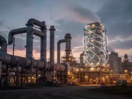 Industrielle Zementfabrik bei Sonnenuntergang mit großen Rohren und einer Kohlenstoffabscheidungsanlage, die leicht leuchtet. - Foto: über boerse-global.de