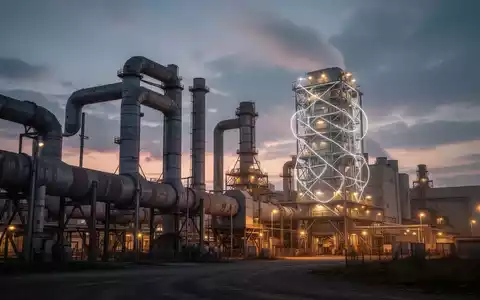 Industrielle Zementfabrik bei Sonnenuntergang mit großen Rohren und einer Kohlenstoffabscheidungsanlage, die leicht leuchtet. - Foto: über boerse-global.de