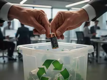 Eine Hand legt eine kleine Batterie in einen Recyclingbehälter, der erweiterte Herstellerverantwortung und Kreislaufwirtschaft symbolisiert. - Foto: über boerse-global.de