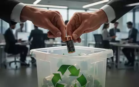 Eine Hand legt eine kleine Batterie in einen Recyclingbehälter, der erweiterte Herstellerverantwortung und Kreislaufwirtschaft symbolisiert. - Foto: über boerse-global.de