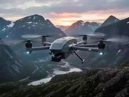 Eine elegante, moderne Verteidigungsdrohne fliegt bei Sonnenaufgang über eine zerklüftete norwegische Berglandschaft. - Foto: über boerse-global.de