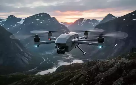 Eine elegante, moderne Verteidigungsdrohne fliegt bei Sonnenaufgang über eine zerklüftete norwegische Berglandschaft. - Foto: über boerse-global.de