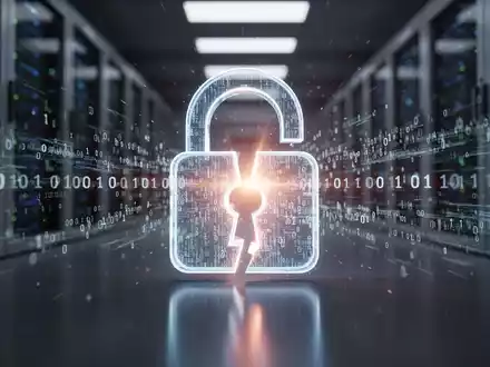 Ein stilisiertes, leuchtendes digitales Vorhängeschloss auf einer dunklen, reflektierenden Oberfläche, umgeben von fließendem Binärcode. - Foto: über boerse-global.de