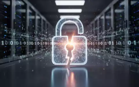 Ein stilisiertes, leuchtendes digitales Vorhängeschloss auf einer dunklen, reflektierenden Oberfläche, umgeben von fließendem Binärcode. - Foto: über boerse-global.de