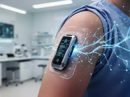 Nahaufnahme eines kontinuierlichen Glukose-Messgeräts am Arm einer Person, mit blauen digitalen Anzeigen und KI-Symbolen. - Foto: über boerse-global.de