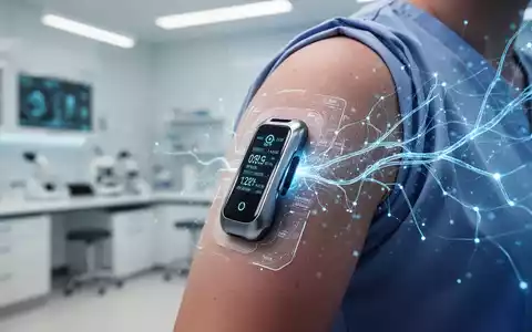 Nahaufnahme eines kontinuierlichen Glukose-Messgeräts am Arm einer Person, mit blauen digitalen Anzeigen und KI-Symbolen. - Foto: über boerse-global.de