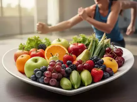 Ein herzförmiger Teller mit frischem Obst und Gemüse, im Hintergrund eine Person, die Sport treibt, symbolisiert gesunde Ernährung und Bewegung. - Foto: über boerse-global.de