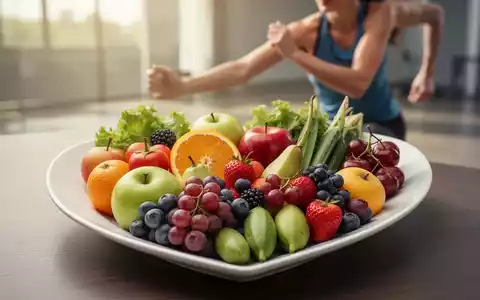 Ein herzförmiger Teller mit frischem Obst und Gemüse, im Hintergrund eine Person, die Sport treibt, symbolisiert gesunde Ernährung und Bewegung. - Foto: über boerse-global.de