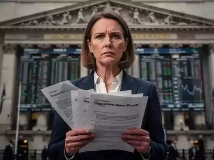 Eine entschlossene Geschäftsfrau, die Julia Hoggett symbolisiert, steht vor der London Stock Exchange und hält ein Dokument in der Hand. - Foto: über boerse-global.de