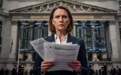 Eine entschlossene Geschäftsfrau, die Julia Hoggett symbolisiert, steht vor der London Stock Exchange und hält ein Dokument in der Hand. - Foto: über boerse-global.de
