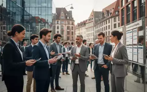 Eine vielfältige Gruppe von Menschen in einer modernen deutschen Stadt, die nach Stellen suchen und sich vernetzen. - Foto: über boerse-global.de