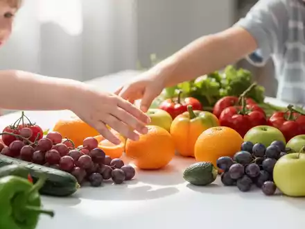 Eine Kinderhand greift nach frischem Obst und Gemüse, das auf einem Tisch ausgebreitet ist. - Foto: über boerse-global.de