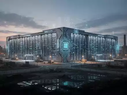 A vast, futuristic data center glowing at dusk in a reclaimed industrial landscape, symbolizing AI infrastructure expansion. - Foto: über boerse-global.de