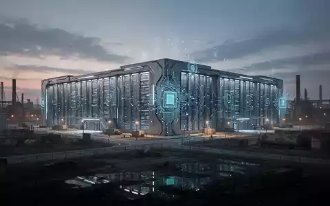 A vast, futuristic data center glowing at dusk in a reclaimed industrial landscape, symbolizing AI infrastructure expansion. - Foto: über boerse-global.de