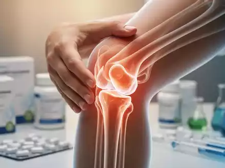 Nahaufnahme einer Hand, die ein Kniegelenk berührt, mit durchscheinenden Knochen- und Knorpelstrukturen, im Hintergrund verschwommene Pharmazeutika. - Foto: über boerse-global.de
