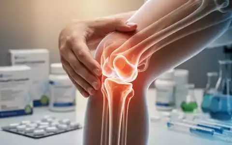 Nahaufnahme einer Hand, die ein Kniegelenk berührt, mit durchscheinenden Knochen- und Knorpelstrukturen, im Hintergrund verschwommene Pharmazeutika. - Foto: über boerse-global.de