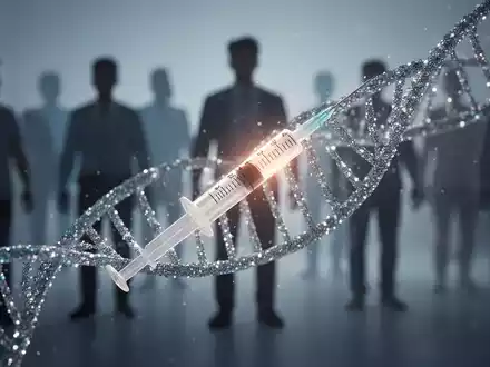 Eine stilisierte medizinische Spritze mit einem subtilen Glanz, umgeben von abstrakten, schimmernden DNA-Helix-Strängen vor verschwommenen menschlichen Silhouetten. - Foto: über boerse-global.de