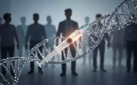Eine stilisierte medizinische Spritze mit einem subtilen Glanz, umgeben von abstrakten, schimmernden DNA-Helix-Strängen vor verschwommenen menschlichen Silhouetten. - Foto: über boerse-global.de