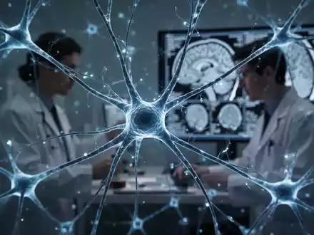 Nahaufnahme eines Netzwerks von Neuronen mit leuchtend blauen Verbindungen, die synaptische Aktivität darstellen, im Hintergrund ein Wissenschaftler. - Foto: über boerse-global.de