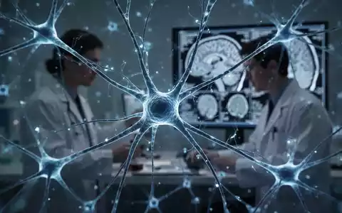Nahaufnahme eines Netzwerks von Neuronen mit leuchtend blauen Verbindungen, die synaptische Aktivität darstellen, im Hintergrund ein Wissenschaftler. - Foto: über boerse-global.de