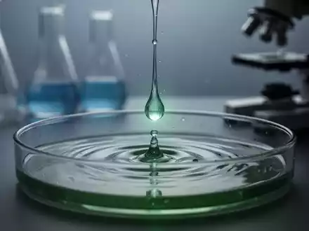 Ein stilisierter Wassertropfen fĂ€llt in eine Petrischale, umgeben von unscharfen LaborgerĂ€ten, symbolisiert chemische Kontamination. - Foto: ĂŒber boerse-global.de