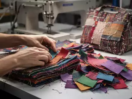 Hände sortieren bunte Stoffreste, teils gefaltet, teils lose, mit einer Nähmaschine im Hintergrund, die Upcycling andeutet. - Foto: über boerse-global.de