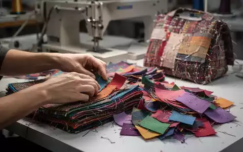 Hände sortieren bunte Stoffreste, teils gefaltet, teils lose, mit einer Nähmaschine im Hintergrund, die Upcycling andeutet. - Foto: über boerse-global.de