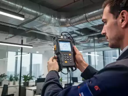 Ein Techniker misst mit Spezialausrüstung den Luftstrom in einem modernen Lüftungssystem in einem Bürogebäude. - Foto: über boerse-global.de