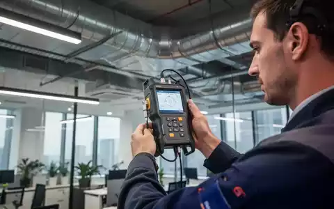 Ein Techniker misst mit Spezialausrüstung den Luftstrom in einem modernen Lüftungssystem in einem Bürogebäude. - Foto: über boerse-global.de