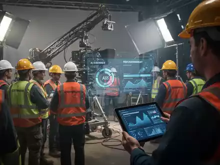 Ein Filmset mit Crewmitgliedern, die Sicherheitsausrüstung tragen, und subtilen Hinweisen auf KI-Technologie zur Risikobewertung. - Foto: über boerse-global.de