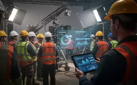 Ein Filmset mit Crewmitgliedern, die Sicherheitsausrüstung tragen, und subtilen Hinweisen auf KI-Technologie zur Risikobewertung. - Foto: über boerse-global.de