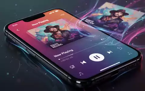 A close-up of a smartphone screen displaying the redesigned Apple Music 'Now Playing' interface with dynamic album art colors. - Foto: über boerse-global.de