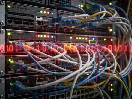 Close-up of a server rack with blinking lights and tangled cables, with a subtle red binary code overlay. - Foto: über boerse-global.de