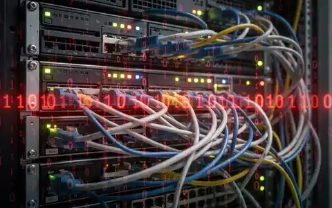 Close-up of a server rack with blinking lights and tangled cables, with a subtle red binary code overlay. - Foto: über boerse-global.de