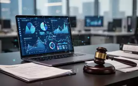 Ein verschwommenes Büro mit einem Laptop, der Datenvisualisierungen zeigt, und einem Richterhammer auf juristischen Dokumenten. - Foto: über boerse-global.de