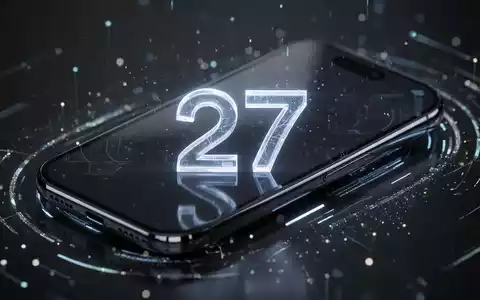 A futuristic iPhone displaying a glowing '27' logo and subtle digital elements, symbolizing the new iOS 27 beta and AI features. - Foto: über boerse-global.de