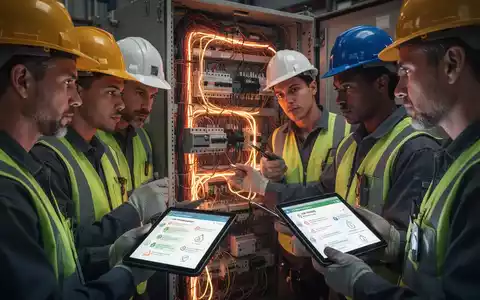 Techniker mit Schutzausrüstung arbeiten an einer Niederspannungsanlage, unterstützt durch digitale Assistenten auf Tablets. - Foto: über boerse-global.de