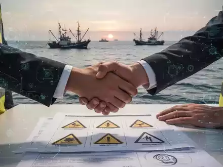 Hände schütteln sich über einem Dokument mit Sicherheitssymbolen, im Hintergrund schemenhafte KI-Elemente und Fischerboote. - Foto: über boerse-global.de
