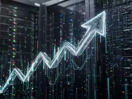 Eine stilisierte, leuchtende digitale Pfeilspitze, die nach oben zeigt, vor einem unscharfen Hintergrund von Serverracks. - Foto: über boerse-global.de