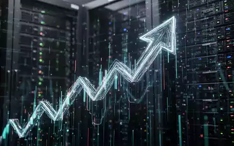 Eine stilisierte, leuchtende digitale Pfeilspitze, die nach oben zeigt, vor einem unscharfen Hintergrund von Serverracks. - Foto: über boerse-global.de