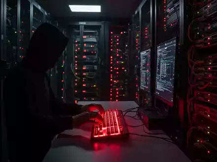 A shadowy figure working in a dark server room, illuminated by the red glow of server lights, symbolizing a cybersecurity threat. - Foto: über boerse-global.de