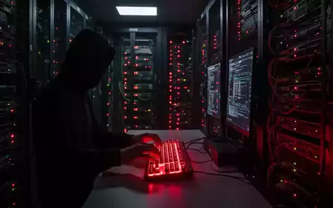 A shadowy figure working in a dark server room, illuminated by the red glow of server lights, symbolizing a cybersecurity threat. - Foto: über boerse-global.de
