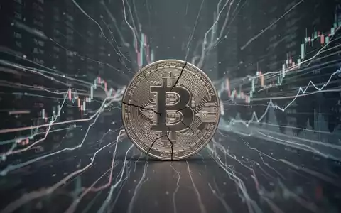Ein leicht rissiges Bitcoin-Symbol vor verschwommenen, sich schnell bewegenden Finanzdiagrammen und Datenlinien. - Foto: über boerse-global.de